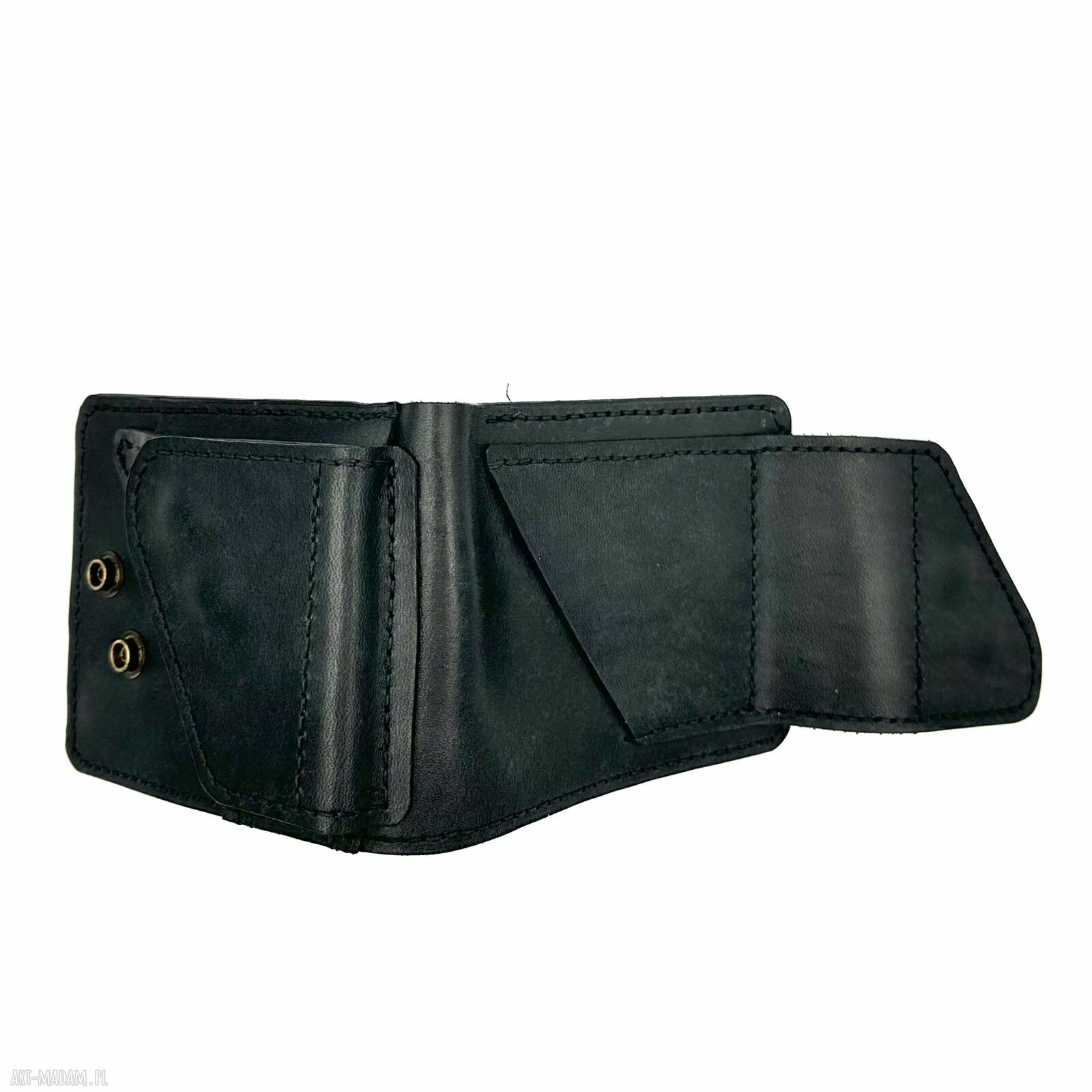 portfele: Pojemny czarny portfel skórzany ręcznie uszyty. Ręczne wykonanie