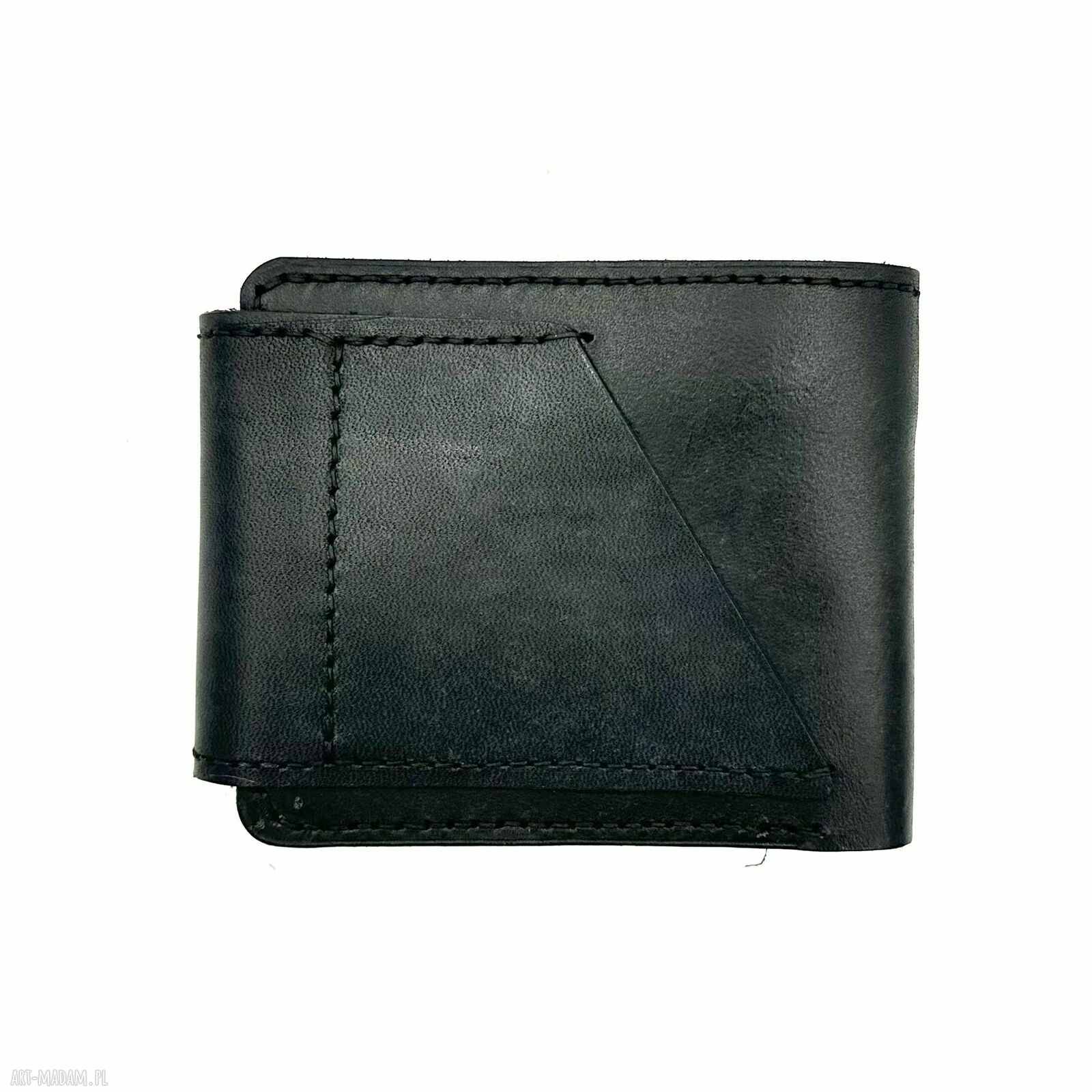 portfele: Pojemny czarny portfel skórzany ręcznie uszyty. Ręczne wykonanie