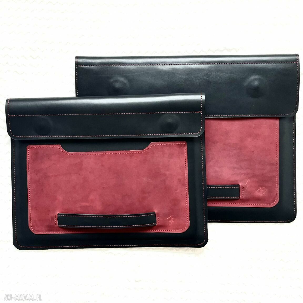 na laptopa: Pokrowiec na laptopa 13 cal skórzany czarno czerwony. Ręcznie wykonane