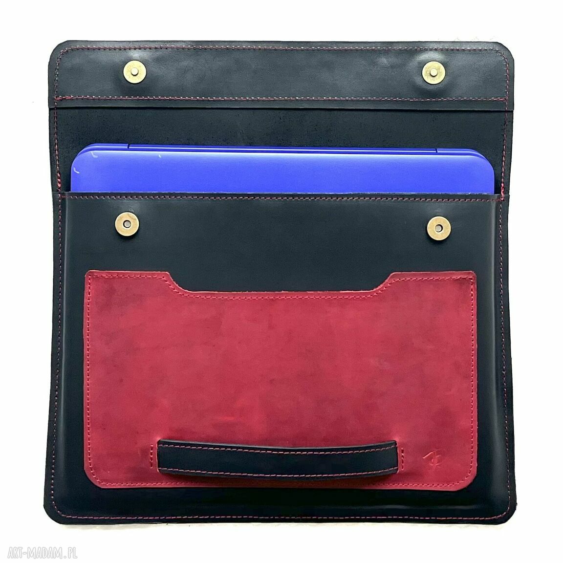 na laptopa: Pokrowiec na laptopa 13 cal skórzany czarno czerwony. Ręcznie wykonane