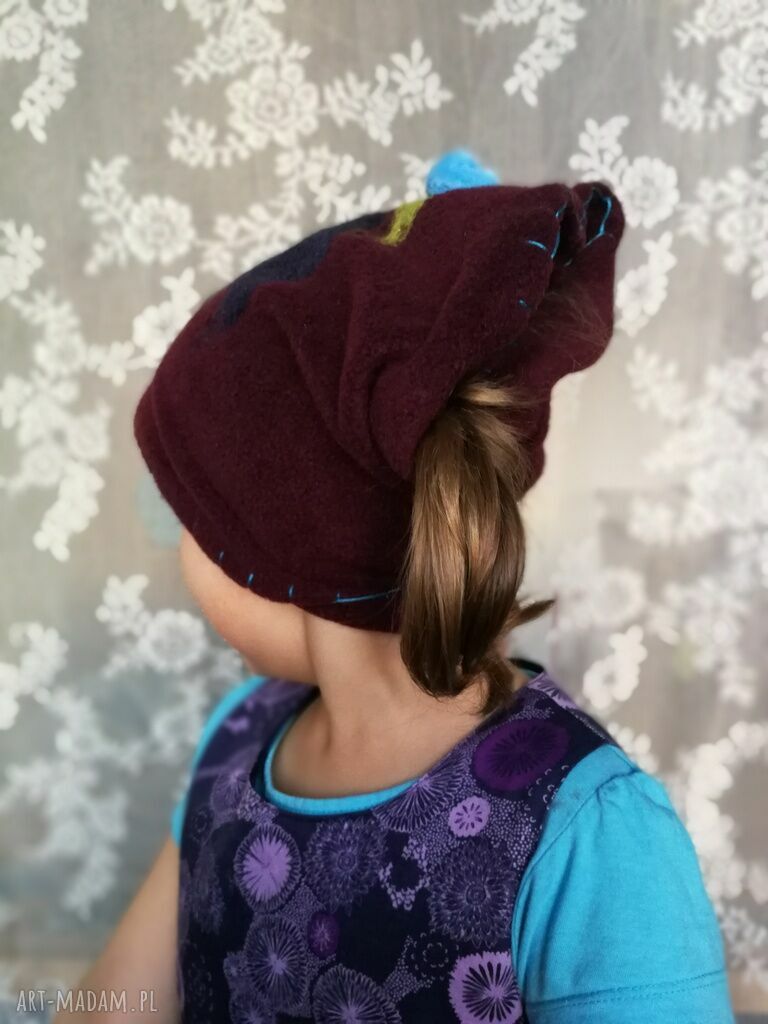 Komin polarowy dla dziecka z filcem boho - etno handmade z wełny merynosów (bordo)