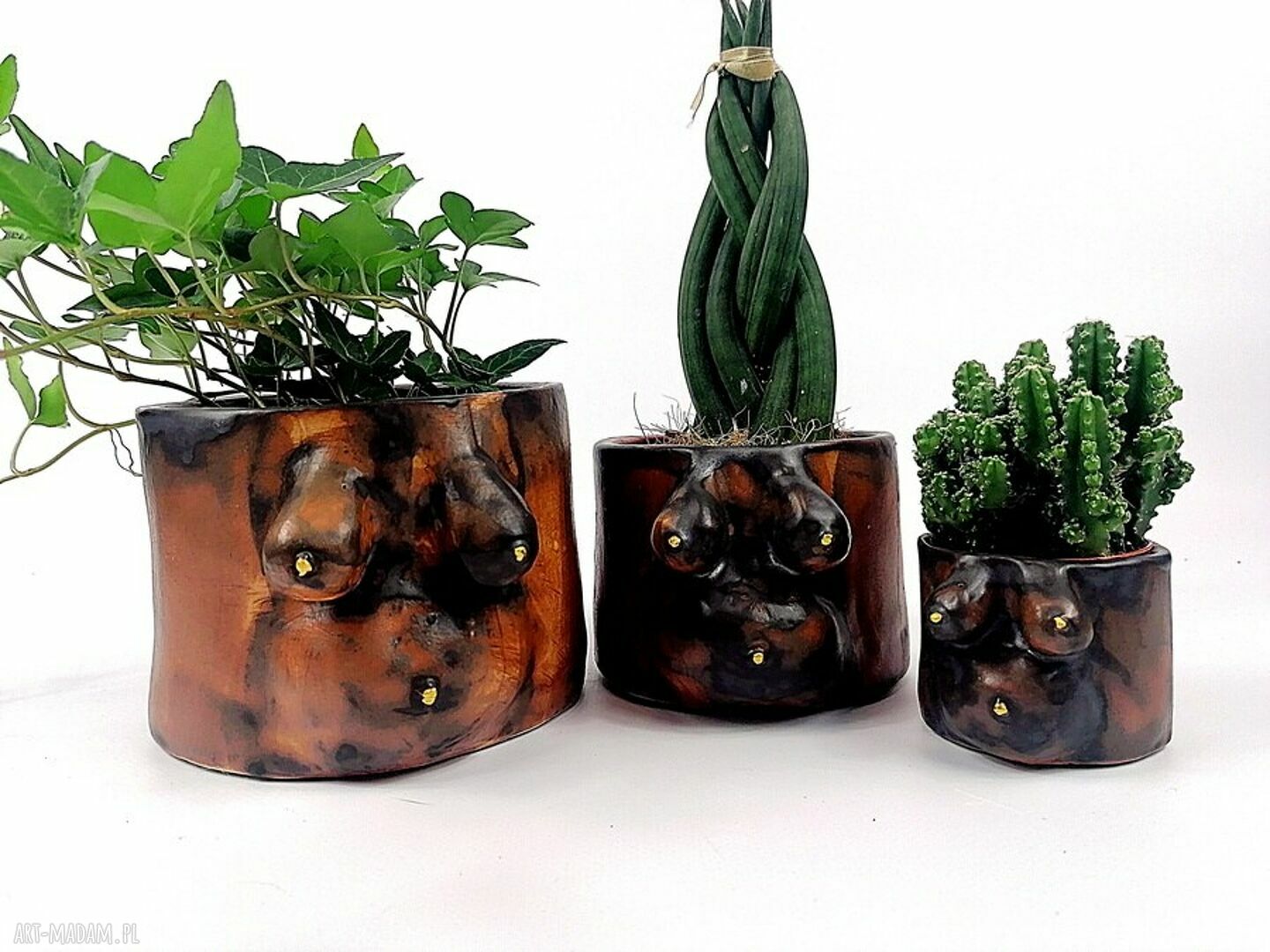 Osłonka ceramiczna - ręcznie wykonana doniczka antracyt i brąz (13 cm)