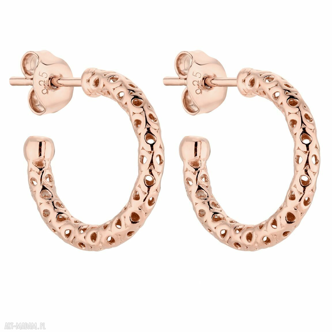 Ażurowe kolczyki różowego złota półkola kółka koła rosegold gr