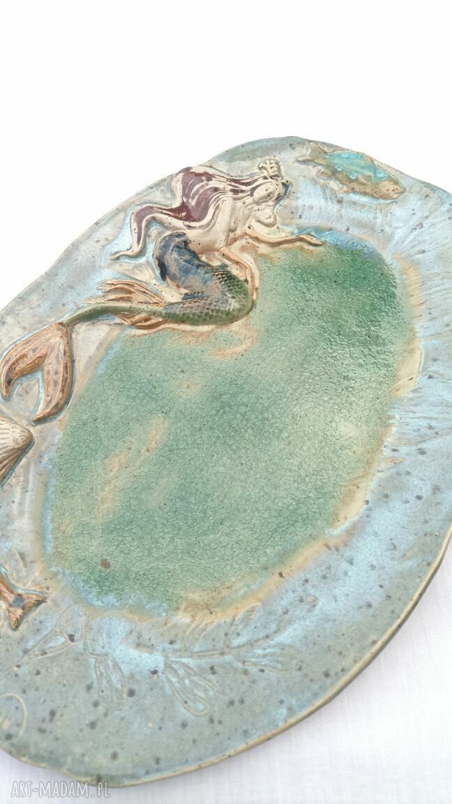 Ręcznie robiony półmisek ceramiczny z syreną i rybkami