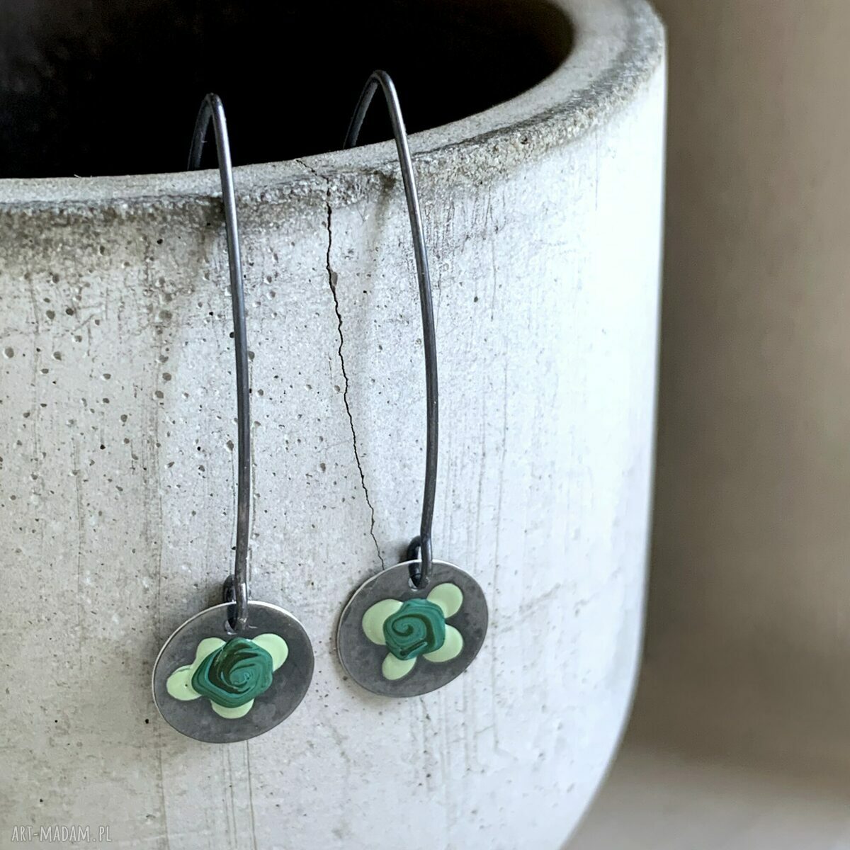Kolczyki Polne Kwiaty - Malachite & Pastel Green (srebro 925, emaliowane kwiaty)