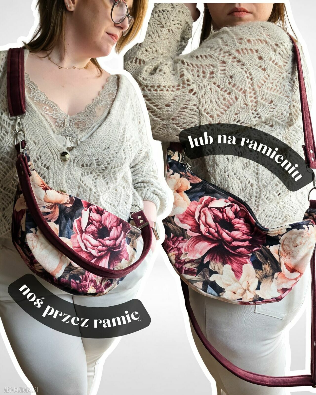 Torebka półokrągła Luna w piwonie - handmade na ramię i przez ramię