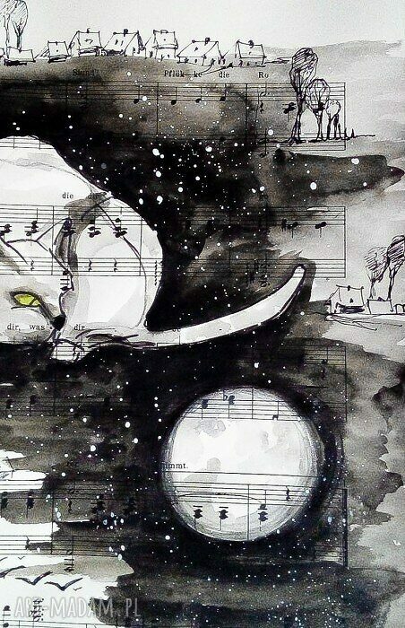 "Polowanie na księżyc" - akwarela z kotem, piórkiem i papierem z nutami (33x25 cm)