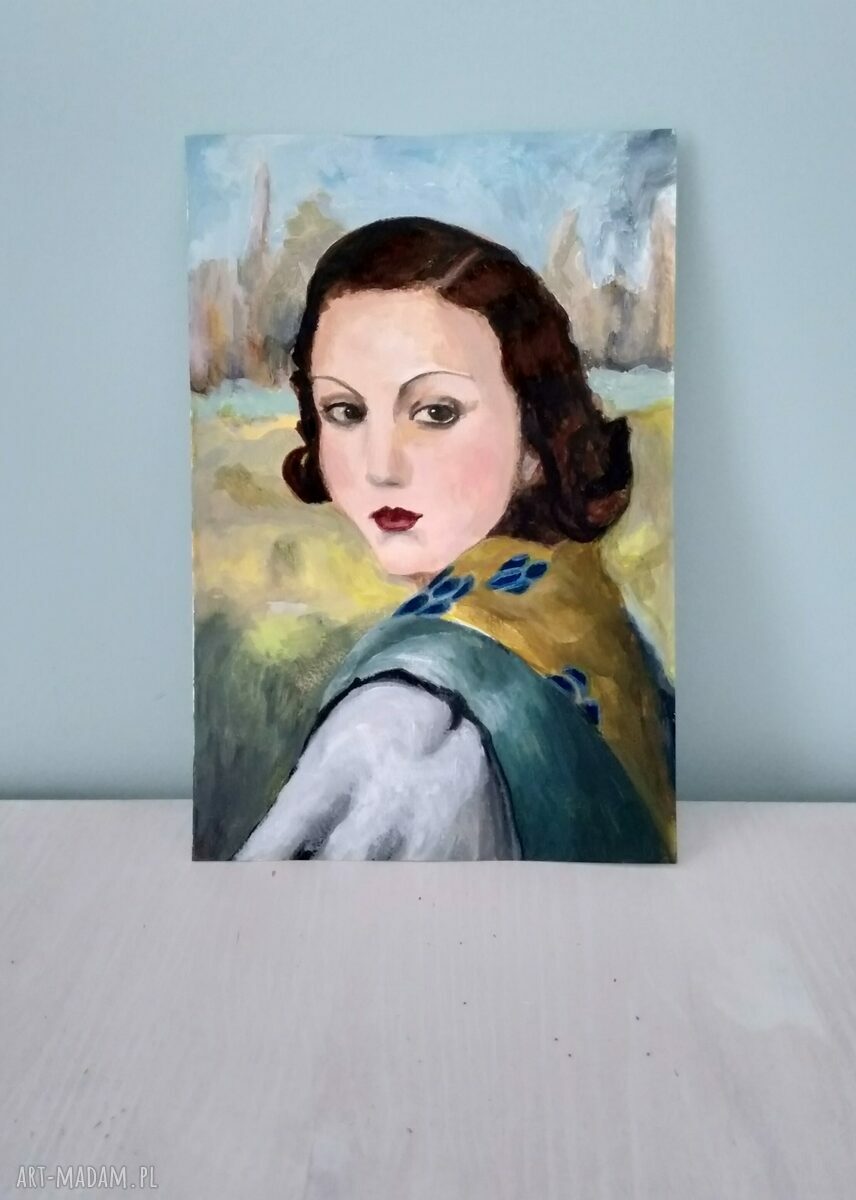 Półportret kobiety - obraz ręcznie malowany temperą i akrylem 16x24 cm