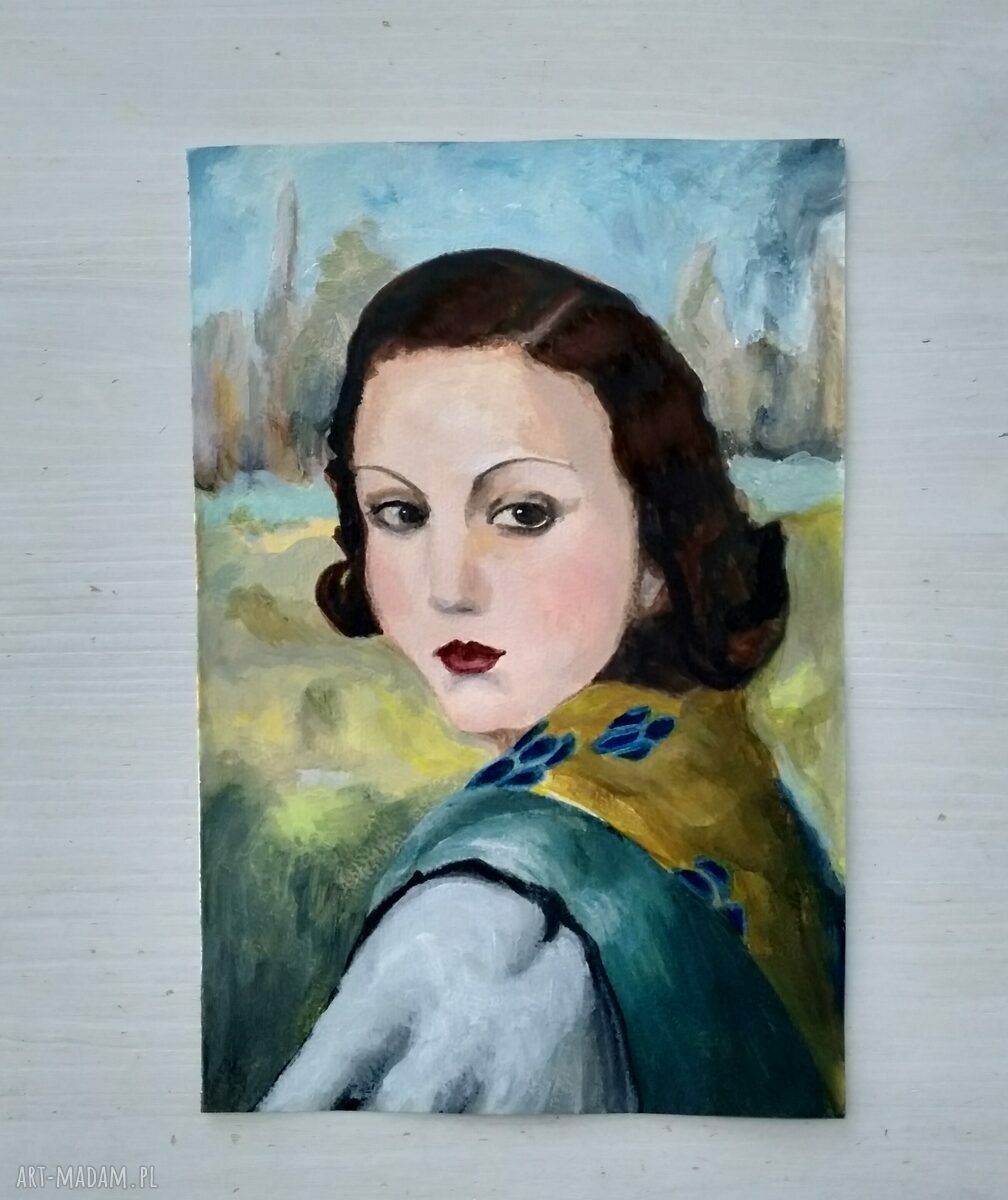 Półportret kobiety - obraz ręcznie malowany temperą i akrylem 16x24 cm