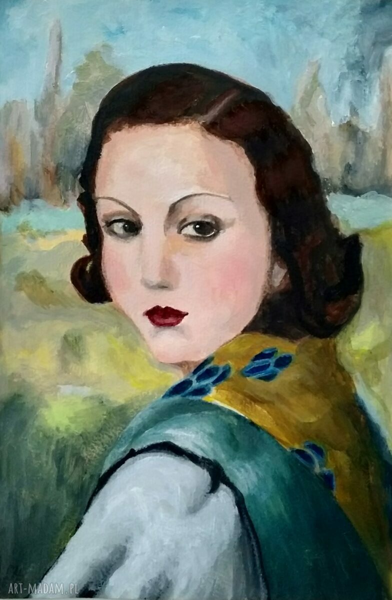 Półportret kobiety - obraz ręcznie malowany temperą i akrylem 16x24 cm