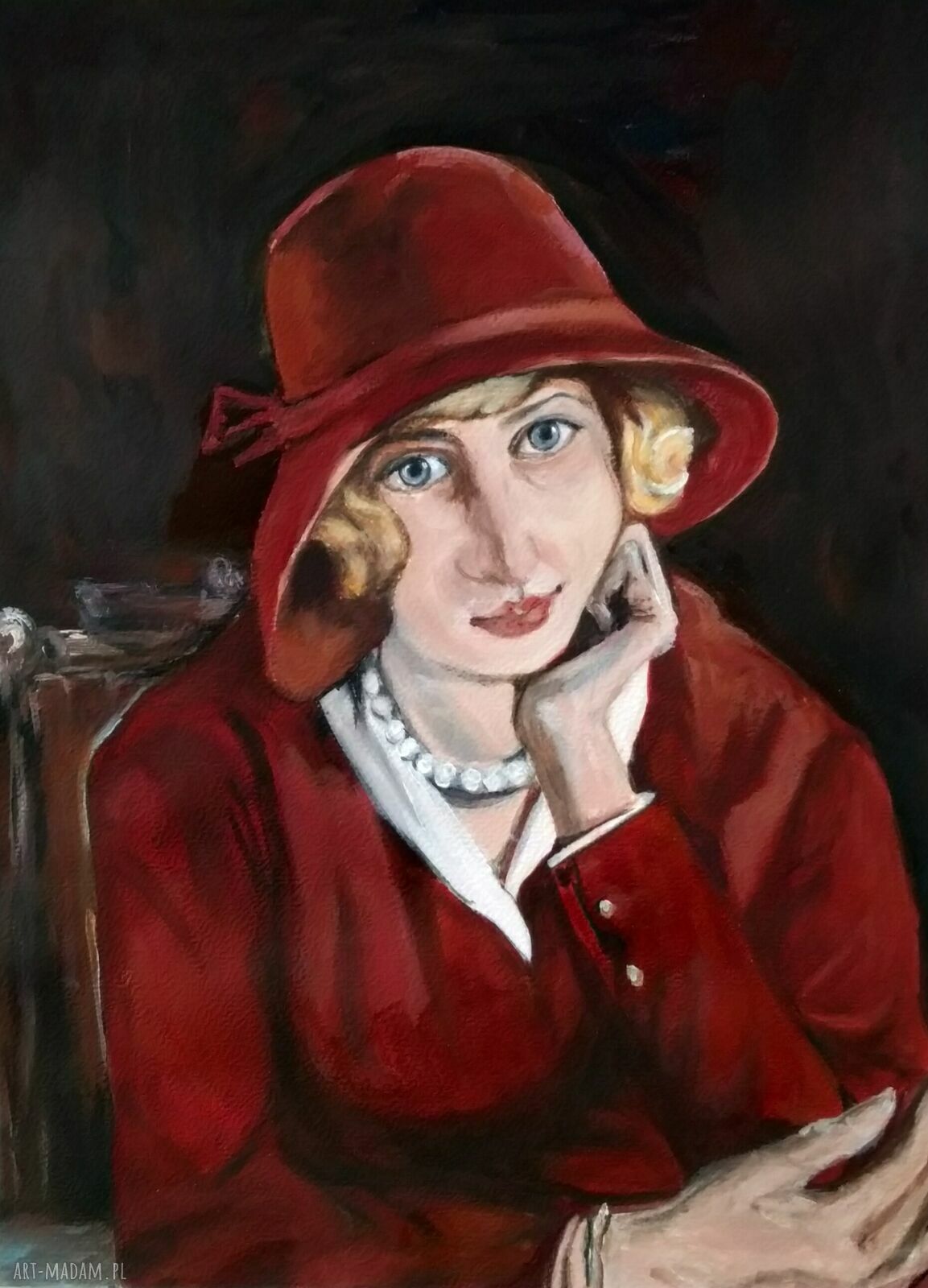 Półportret kobiety - ręcznie malowany obraz tempera i akryl 24x32 cm
