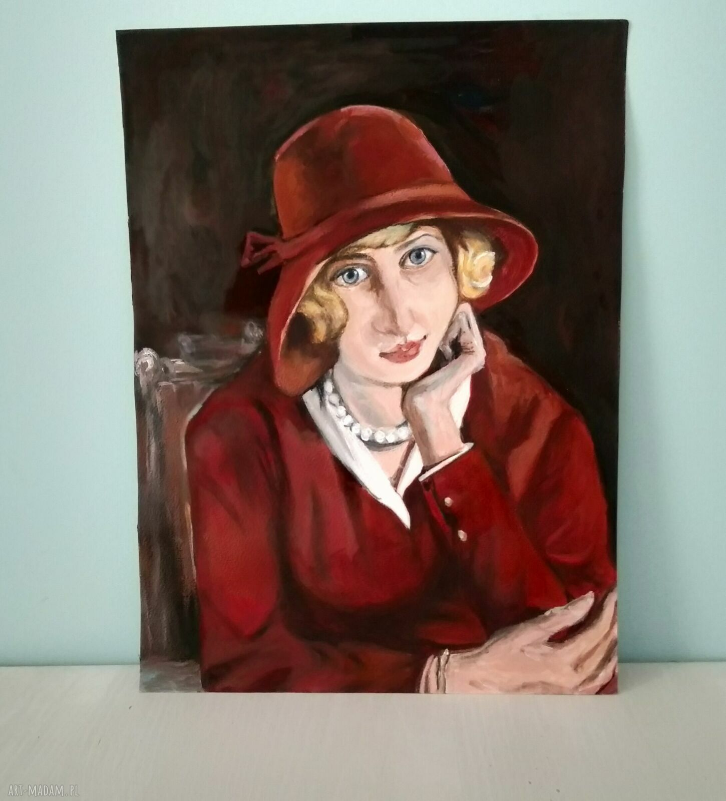 Półportret kobiety - ręcznie malowany obraz tempera i akryl (24x32 cm)
