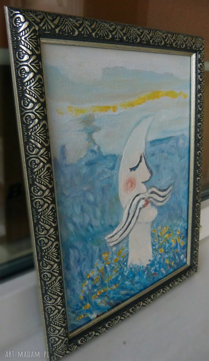 Polski księżyc z wąsami - obraz olejny oprawiony 25x34 cm
