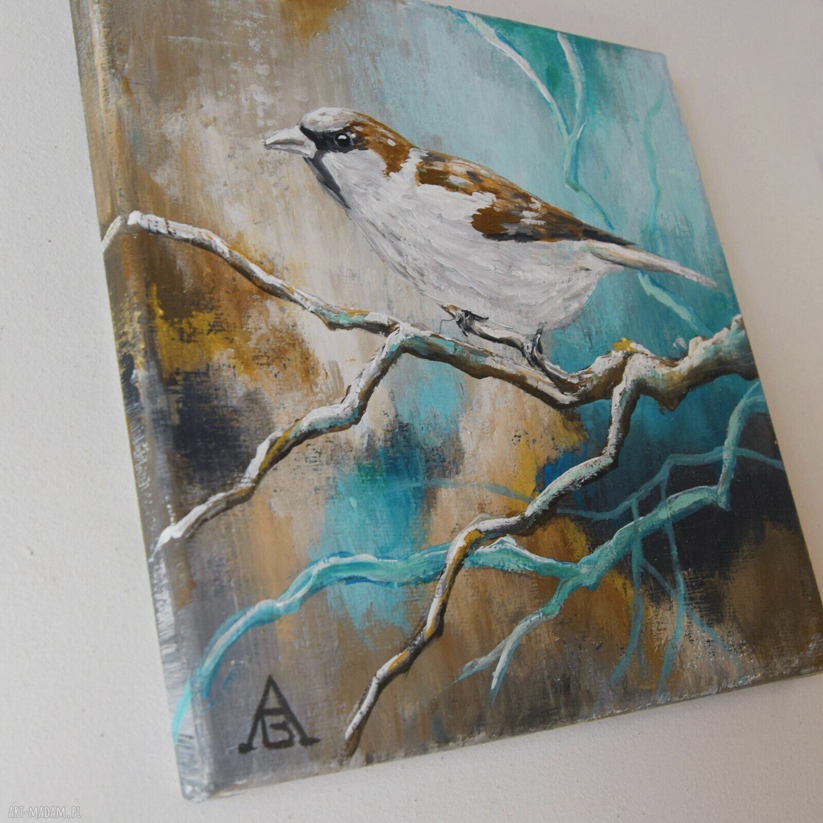 Ptaki polskie - wróbel: obraz ręcznie malowany 20x20 cm
