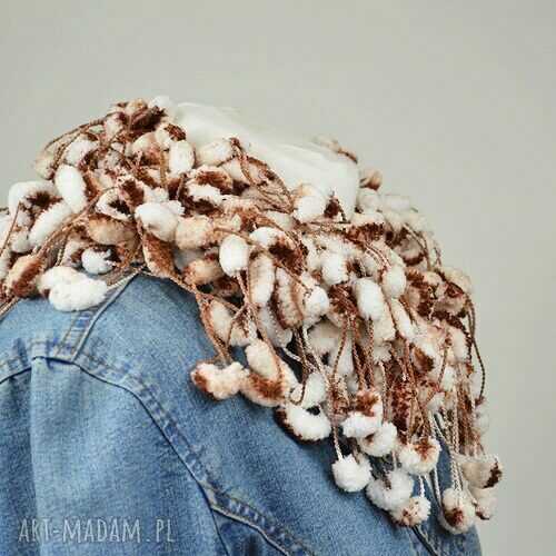 pom-pon scarf - brązowo-biały