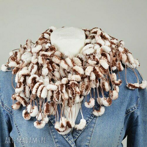 pom-pon scarf - brązowo-biały