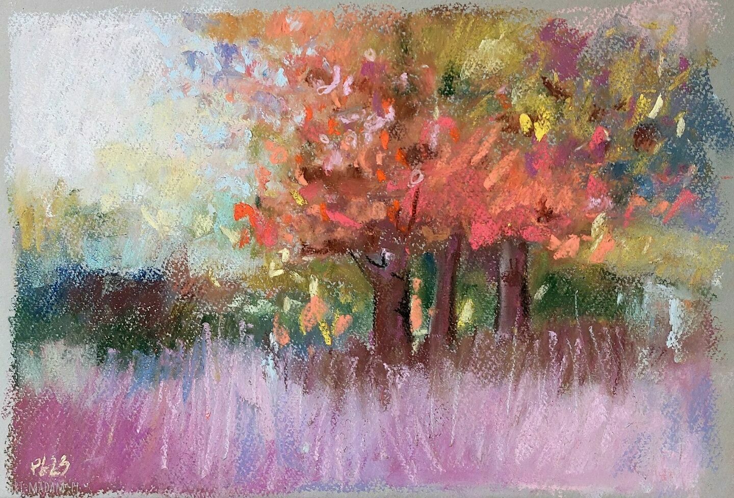 Pomarańczowe drzewa - obraz pastelami suchymi A4