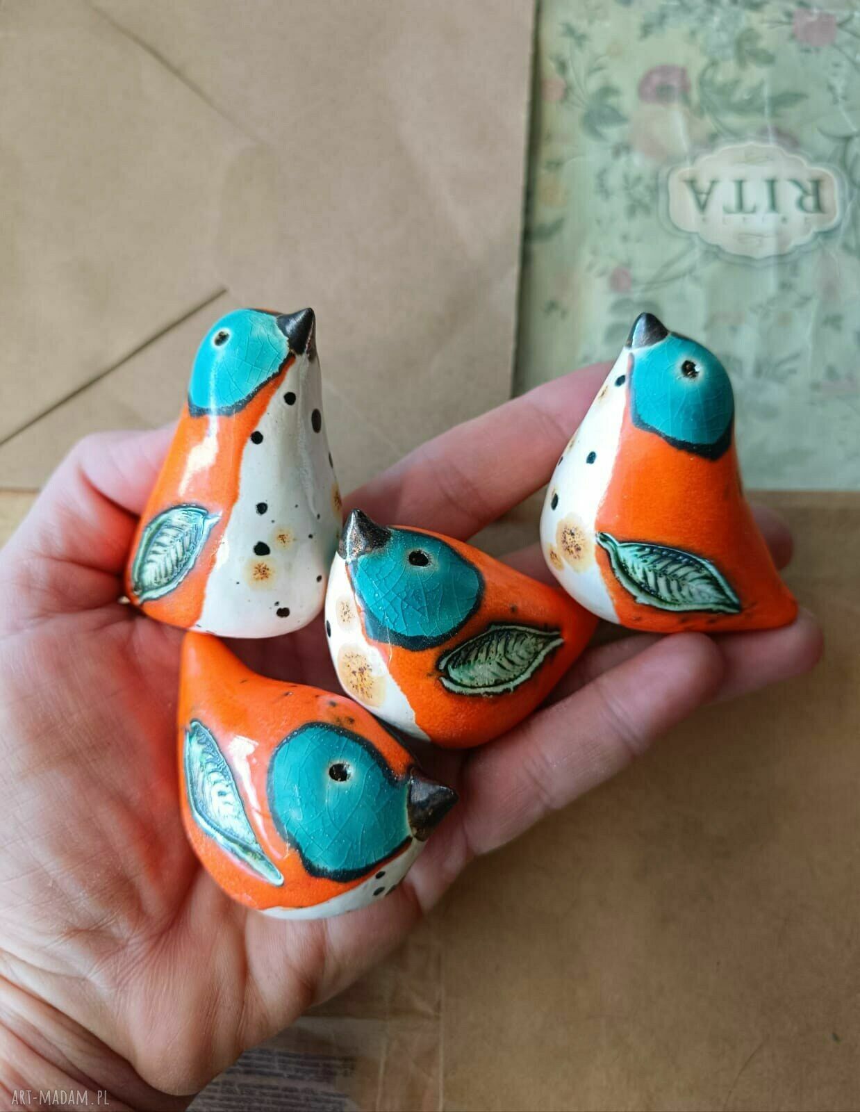 Pomarańczowe ptaszki z turkusowym okiem - ceramika handmade