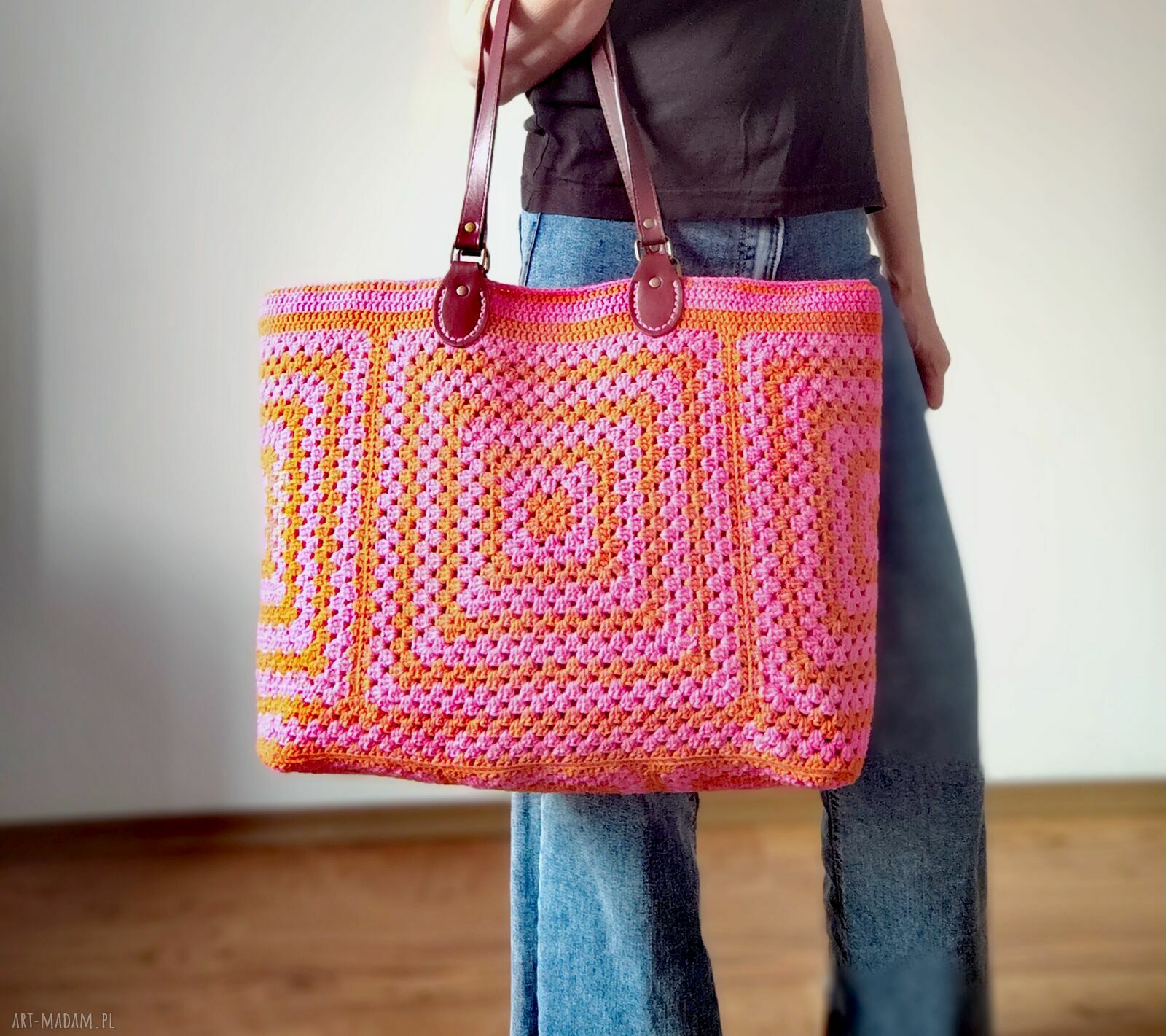 Duża pomarańczowo-różowa torba szydełkowa na ramię Boho