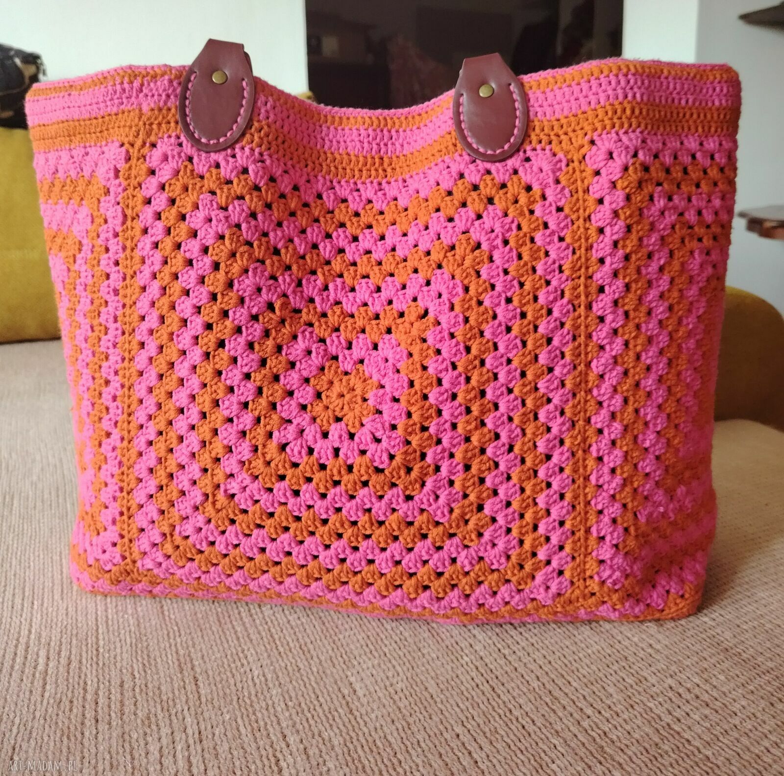 Duża pomarańczowo-różowa torba szydełkowa na ramię Boho