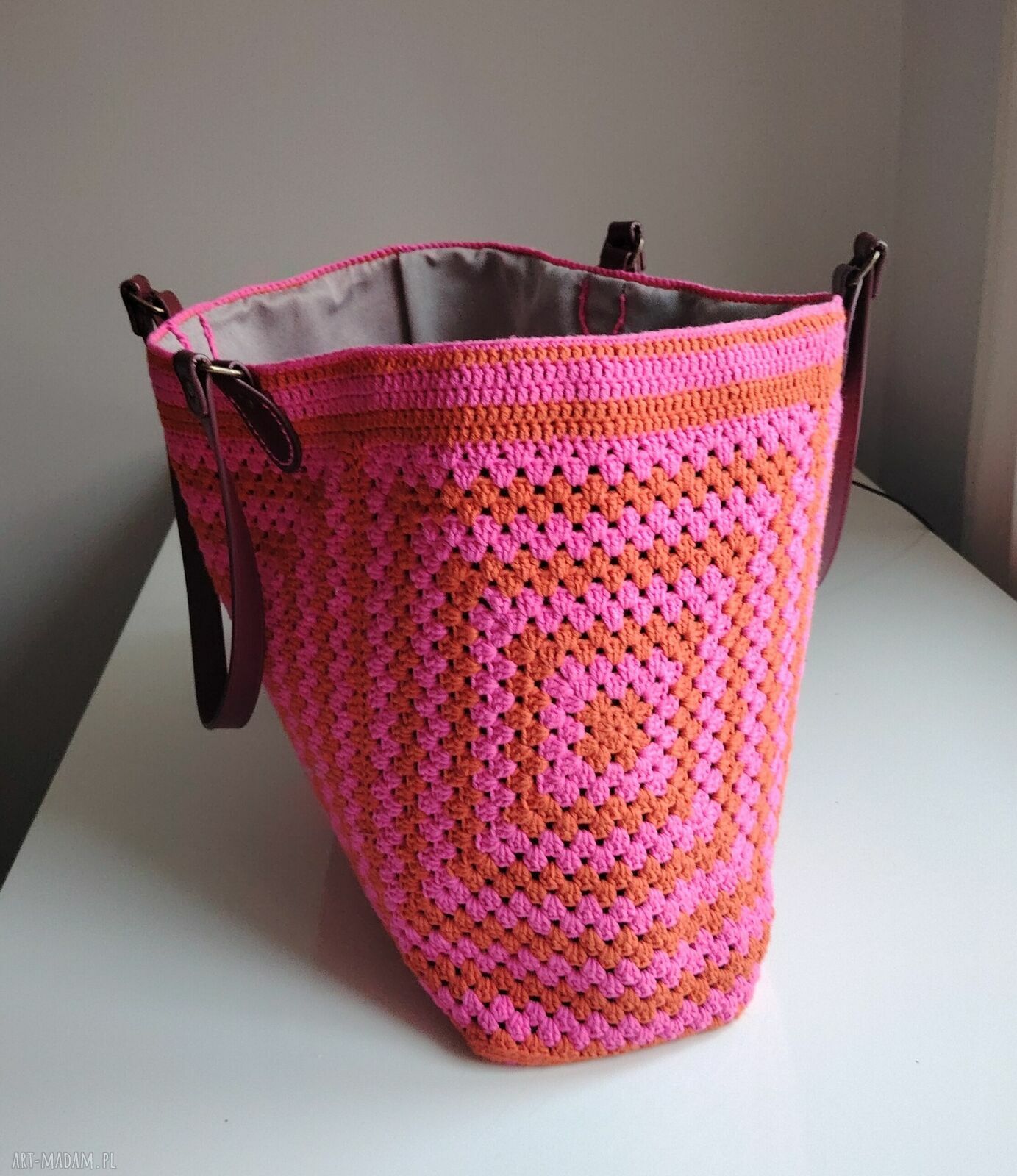 Duża pomarańczowo-różowa torba szydełkowa na ramię Boho