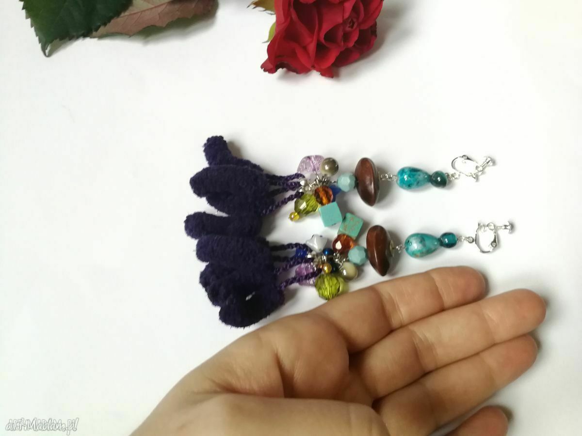Klipsy pompony fioletowe etno boho orientalne handmade
