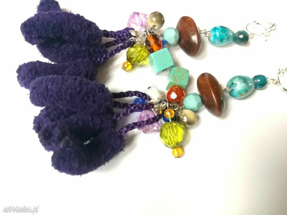 Klipsy pompony fioletowe etno boho orientalne handmade