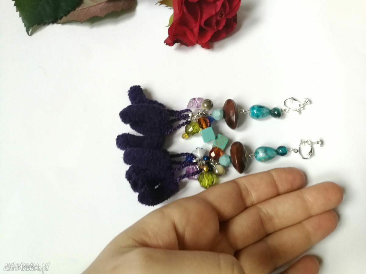 Klipsy pompony fioletowe etno boho orientalne handmade