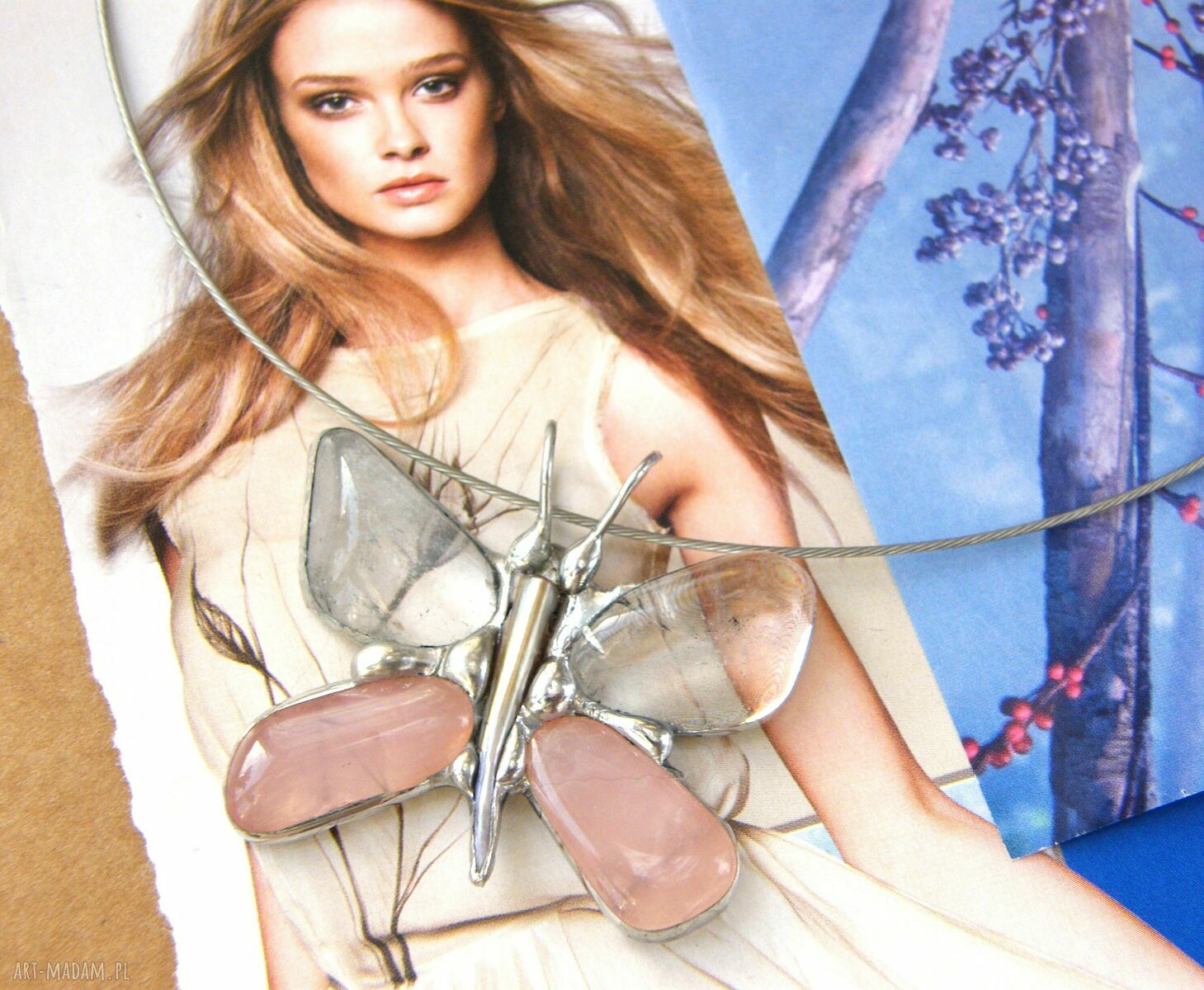 Naszyjnik motyl z kwarcem różowym i kryształem górskim - Tiffany art-Madam.pl