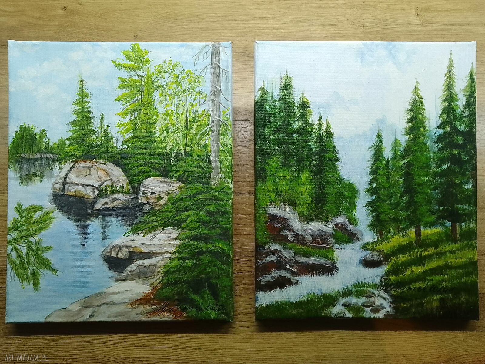 Dyptyk „Górski spokój” - ręcznie malowany pejzaż akrylowy 2x30x24 cm