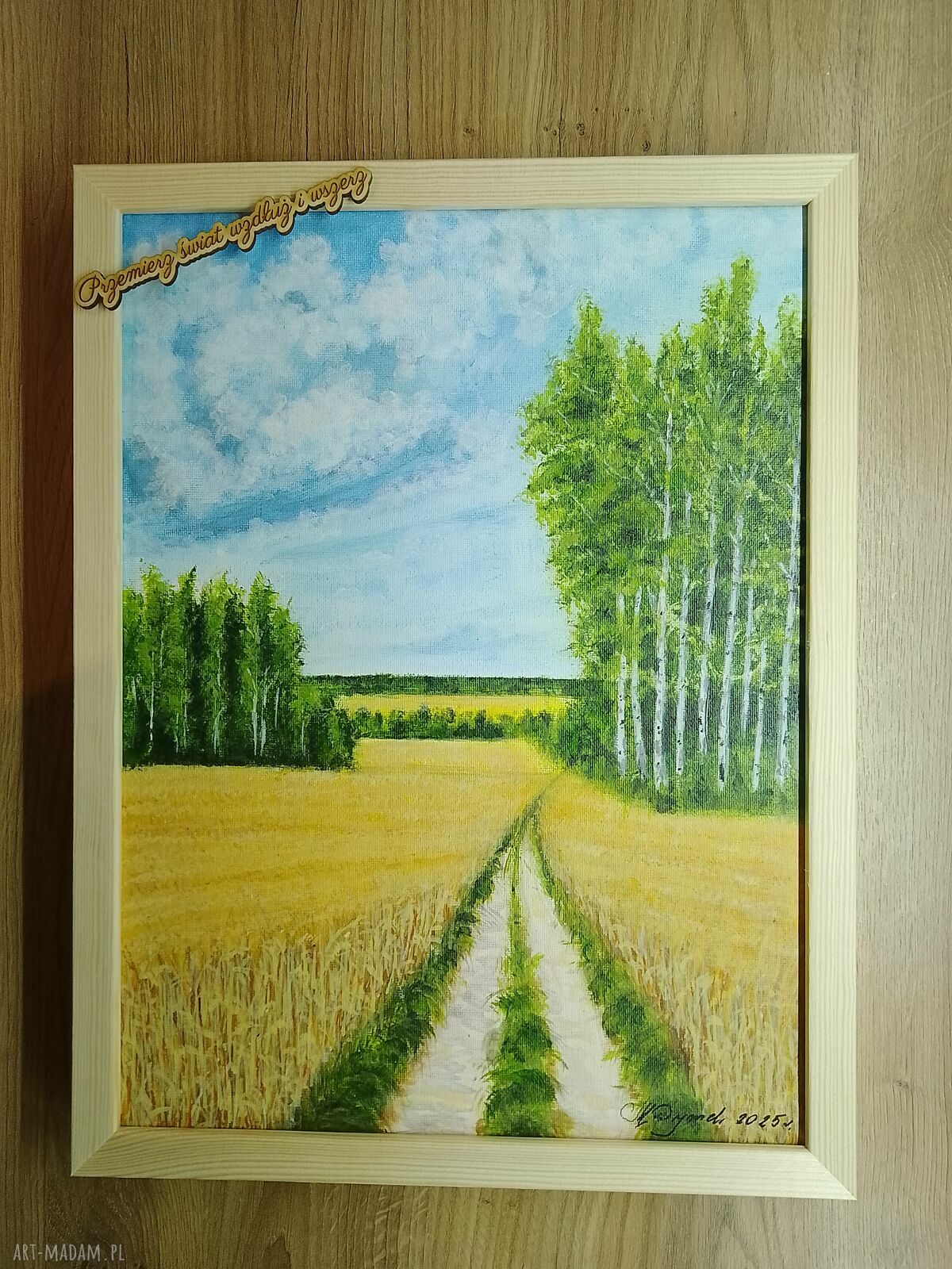 Akrylowy obraz polski las Natura w ramie sosnowej 40x30 cm z motywacyjnym mottem