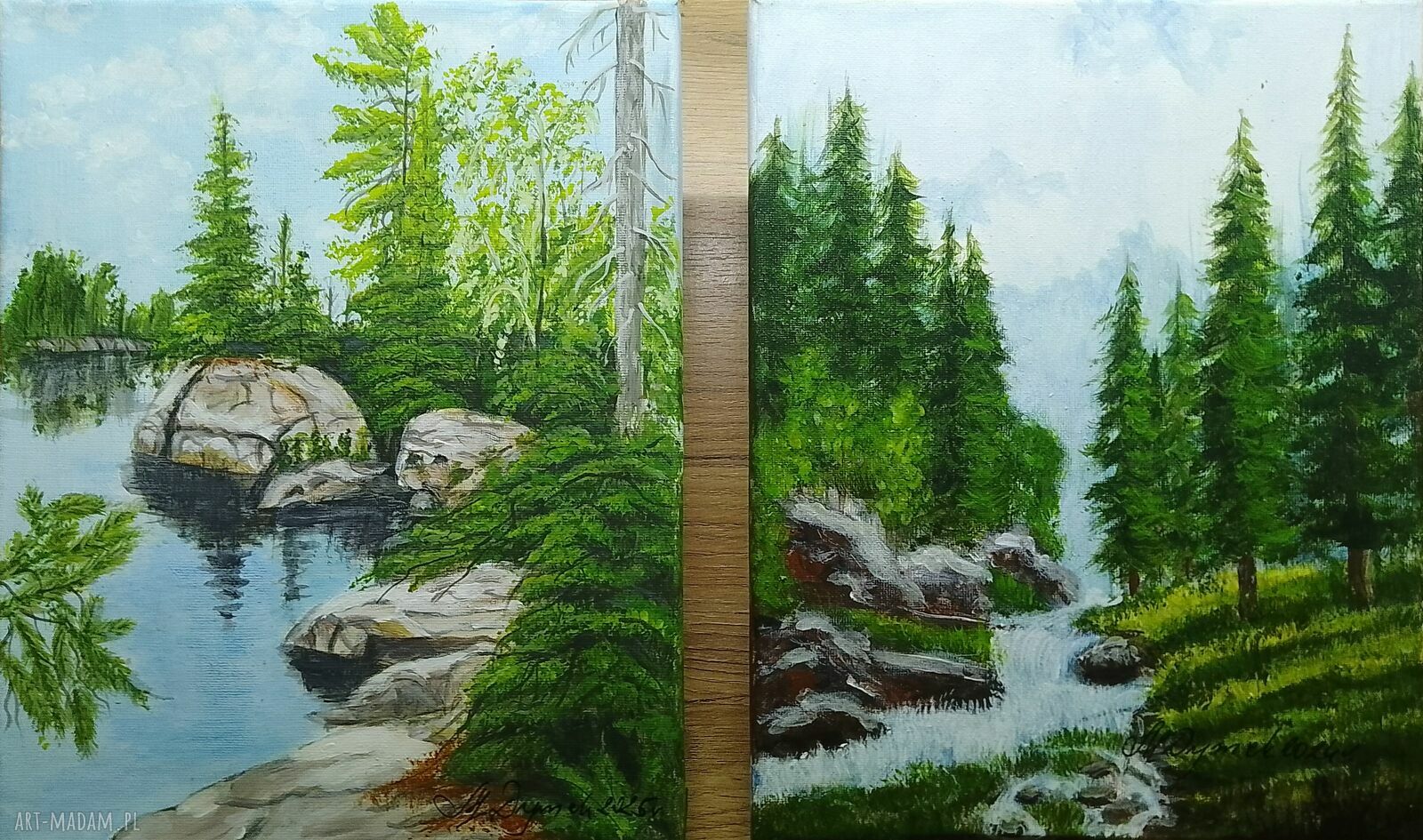 Dyptyk „Górski spokój” - ręcznie malowany pejzaż akrylowy 2x30x24 cm