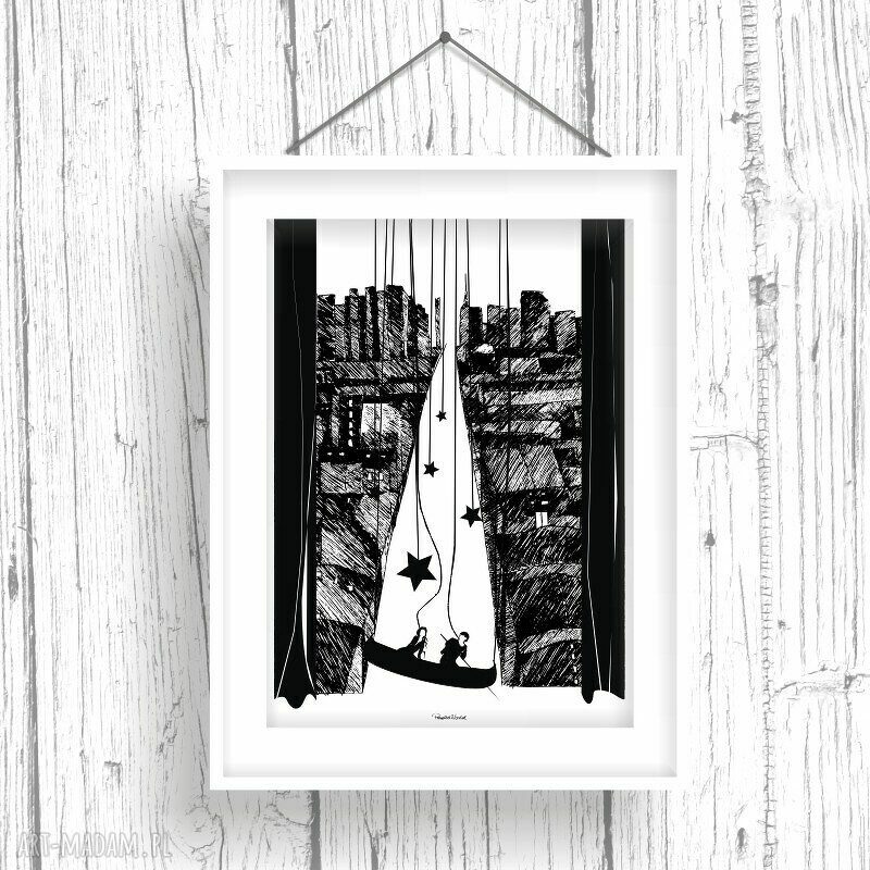 Ponad Miastem Zawieszeni - art print A4 (czarno-biała grafika romantyczna)