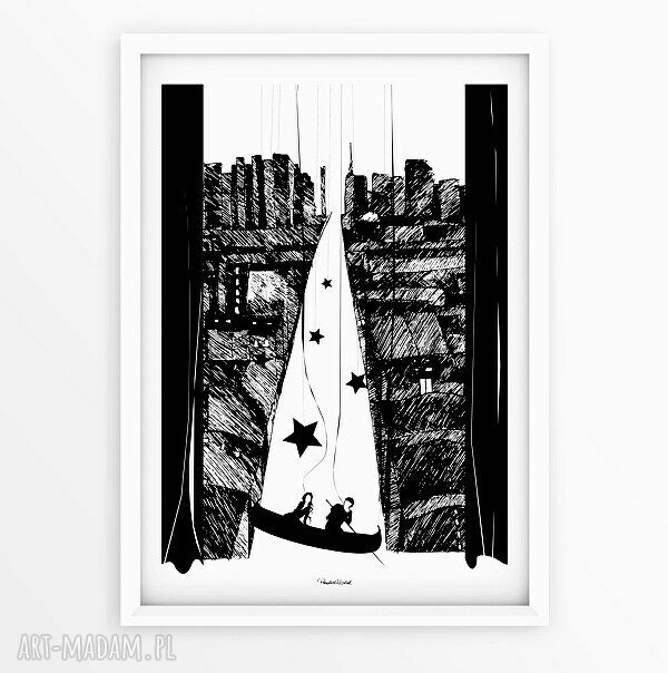 Ponad Miastem Zawieszeni - art print A4 (czarno-biała grafika romantyczna)