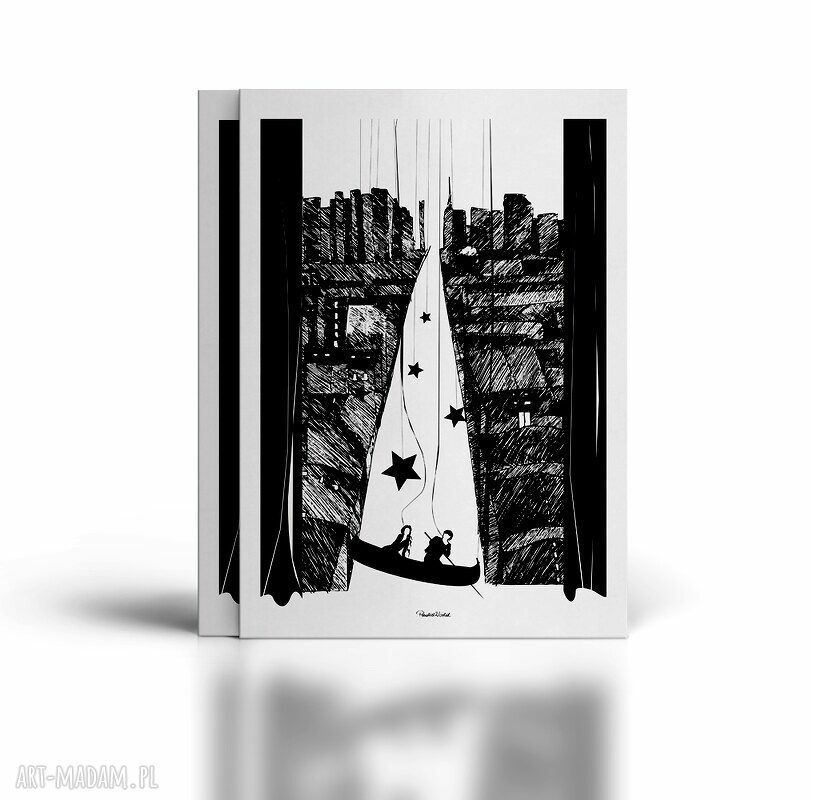Ponad Miastem Zawieszeni - art print A4 (czarno-biała grafika romantyczna)
