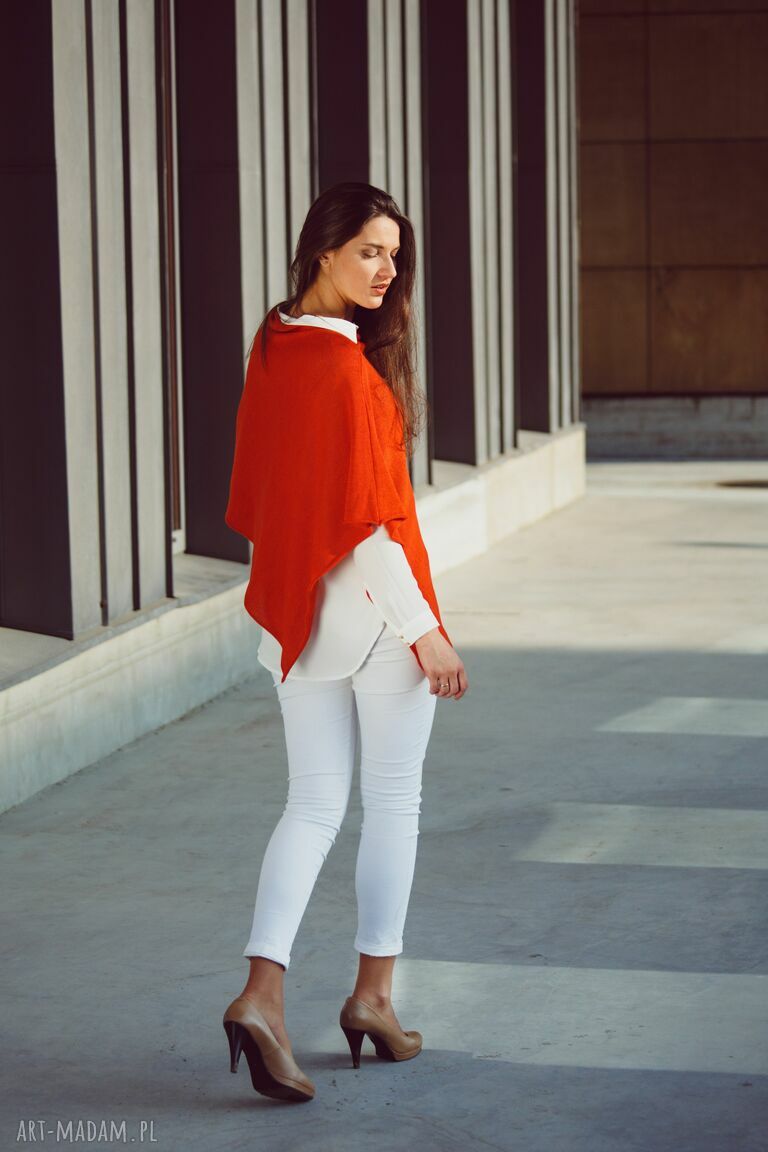 Ponczo basic z dzianiny pomarańczowe - handmade oversize
