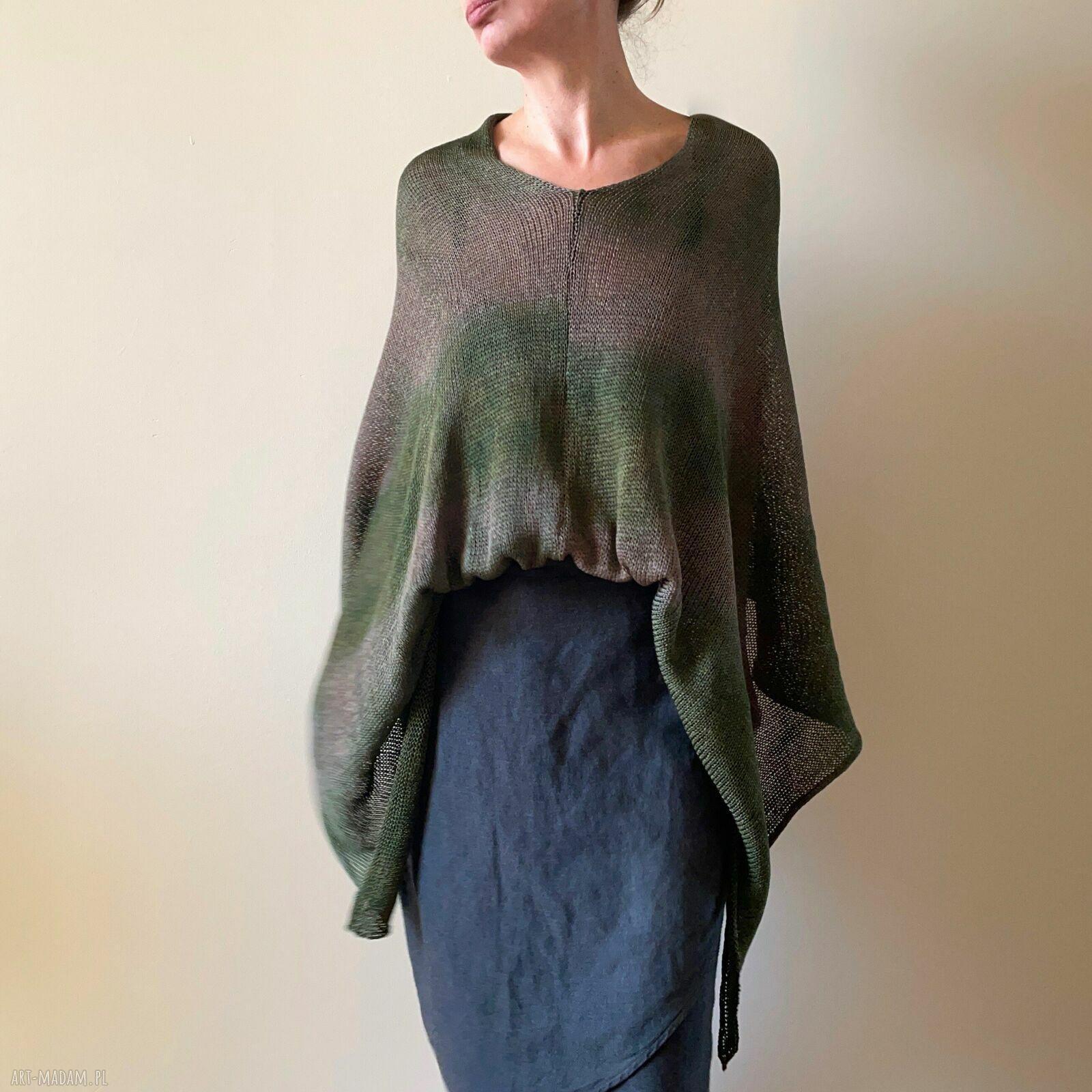 Ponczo bawełniane brąz&khaki - tunika narzutka handmade