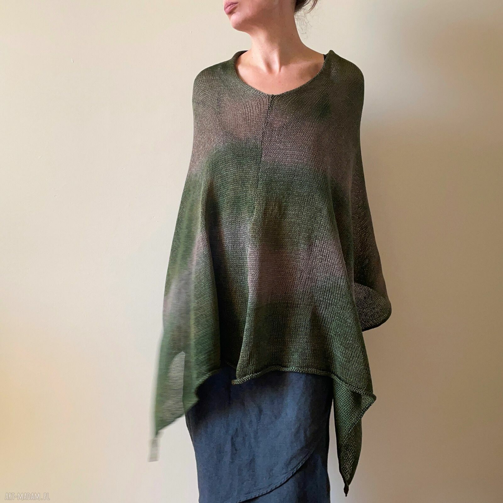 Ponczo bawełniane brąz&khaki - tunika narzutka handmade