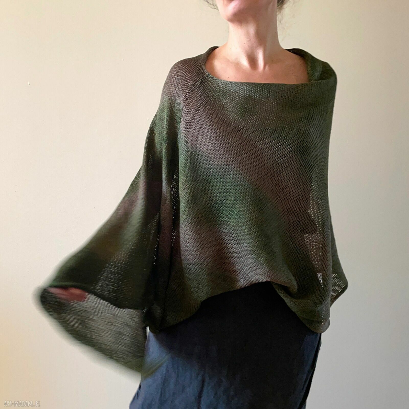 Ponczo bawełniane brąz&khaki - tunika narzutka handmade