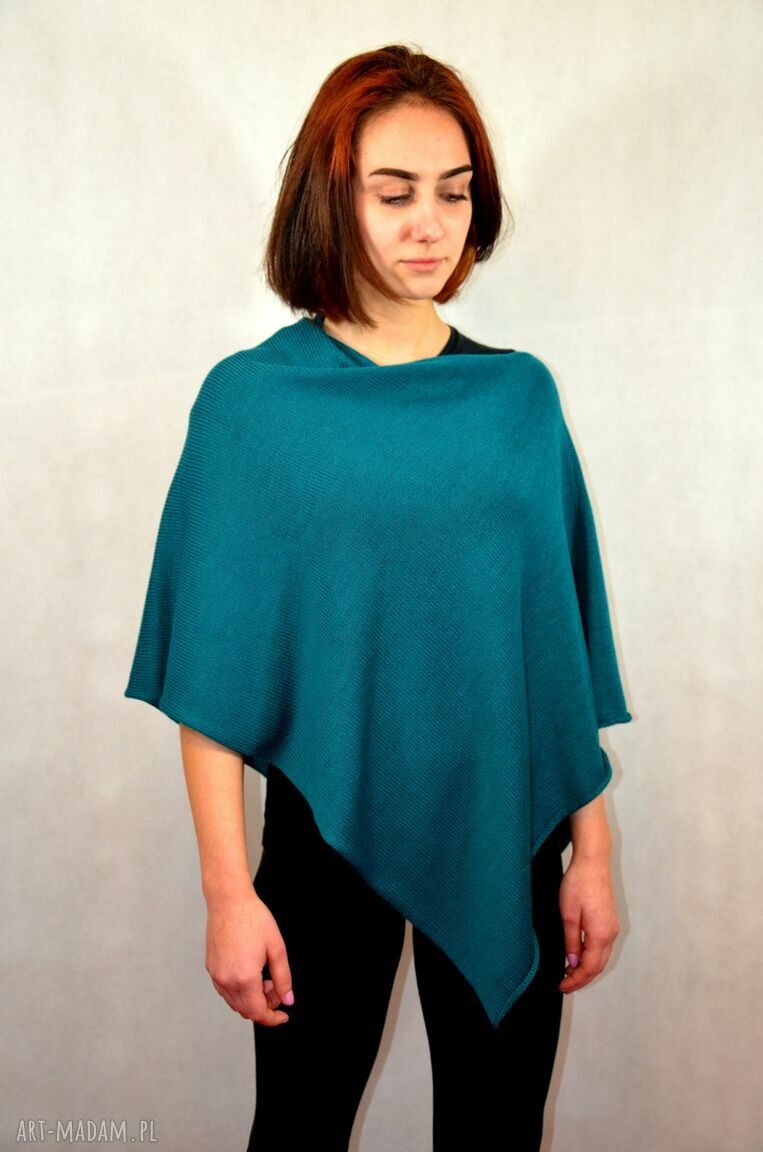 Ponczo bluzka z dzianiny oversize - turkusowa narzutka handmade