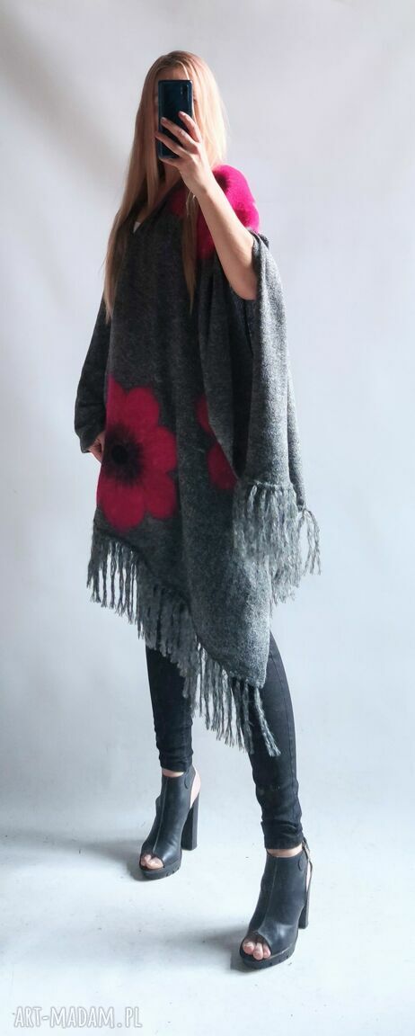 Ponczo filcowane z frędzlami w kwiaty - Bellafeltro, oversize XL/XXL