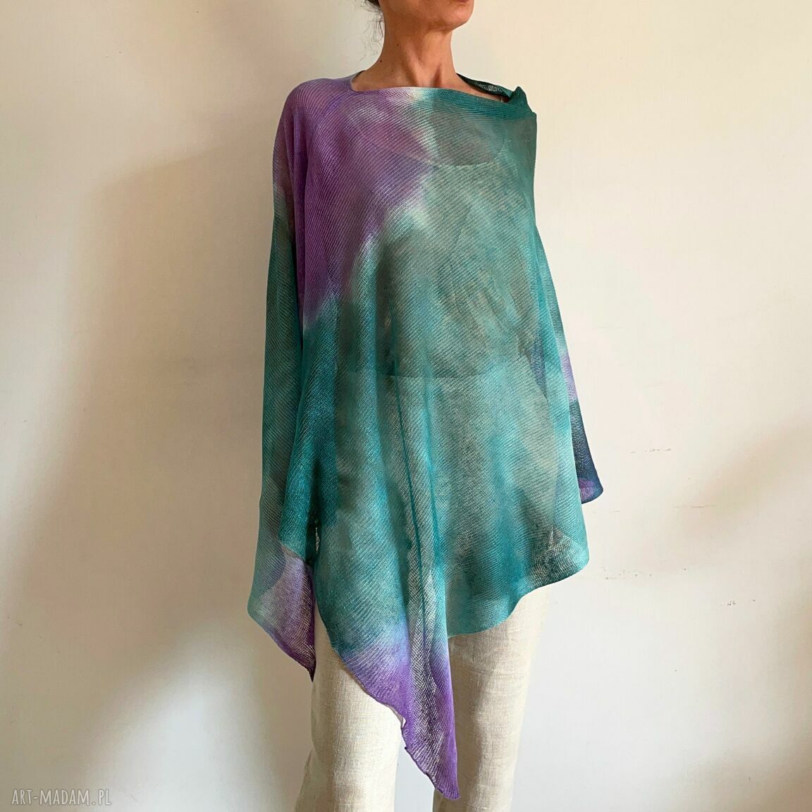 Poncho lniane szmaragd i fiolet - narzutka oversize handmade na prezent