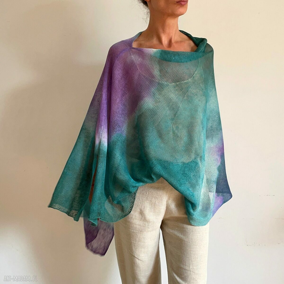 Poncho lniane szmaragd i fiolet - narzutka oversize handmade na prezent
