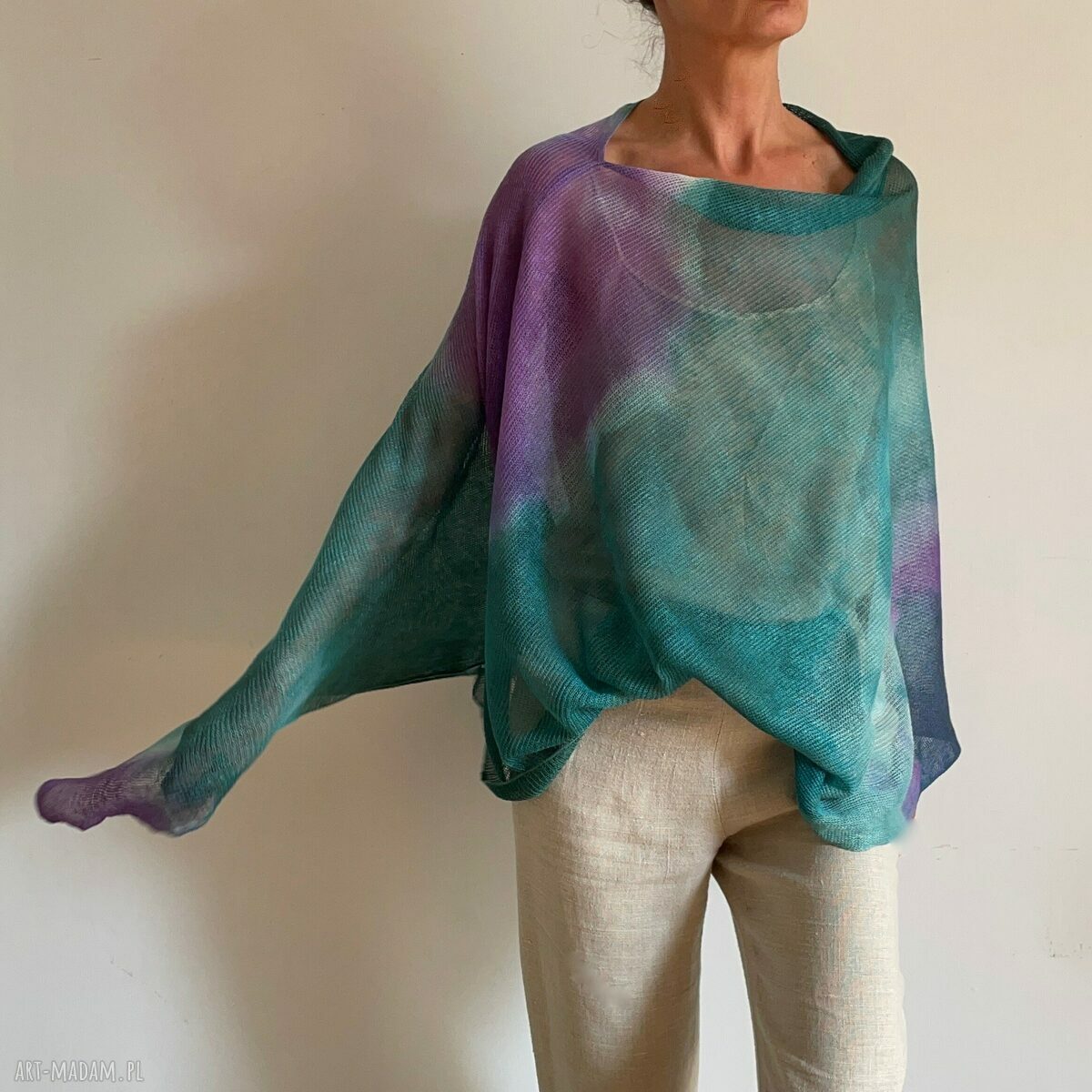 Poncho lniane szmaragd i fiolet - narzutka oversize handmade na prezent