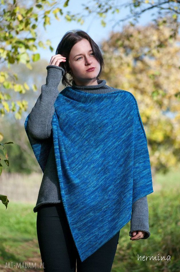 Ponczo niebieski melanż - miękka wełniana narzutka w stylu handmade