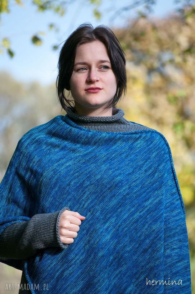 Ponczo niebieski melanż - miękka wełniana narzutka w stylu handmade