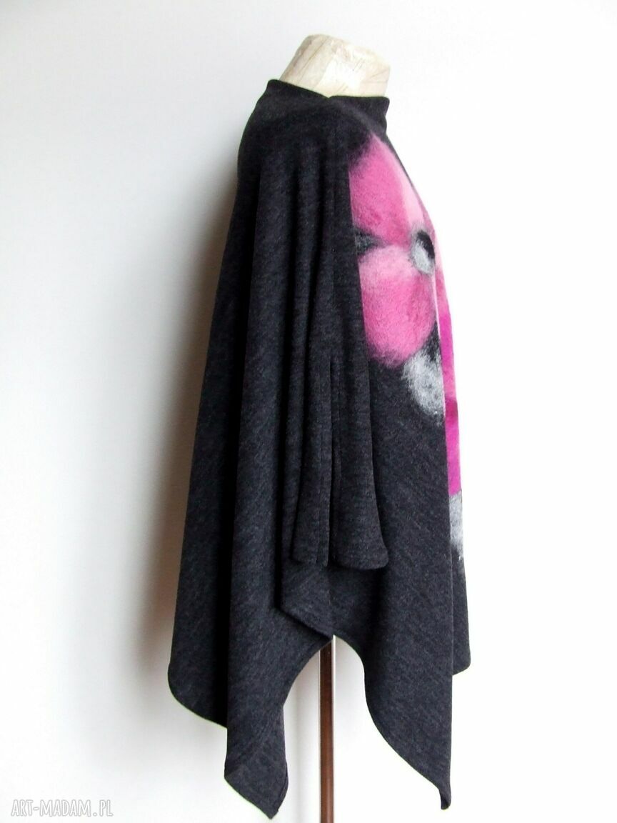 Ponczo różowe w kwiaty filcowane na sucho (handmade)