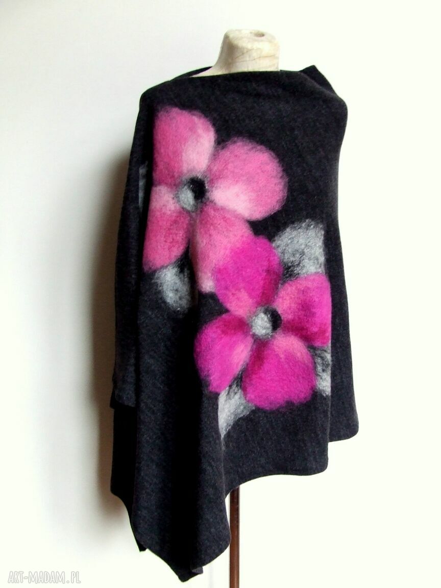 Ponczo różowe w kwiaty filcowane na sucho (handmade)