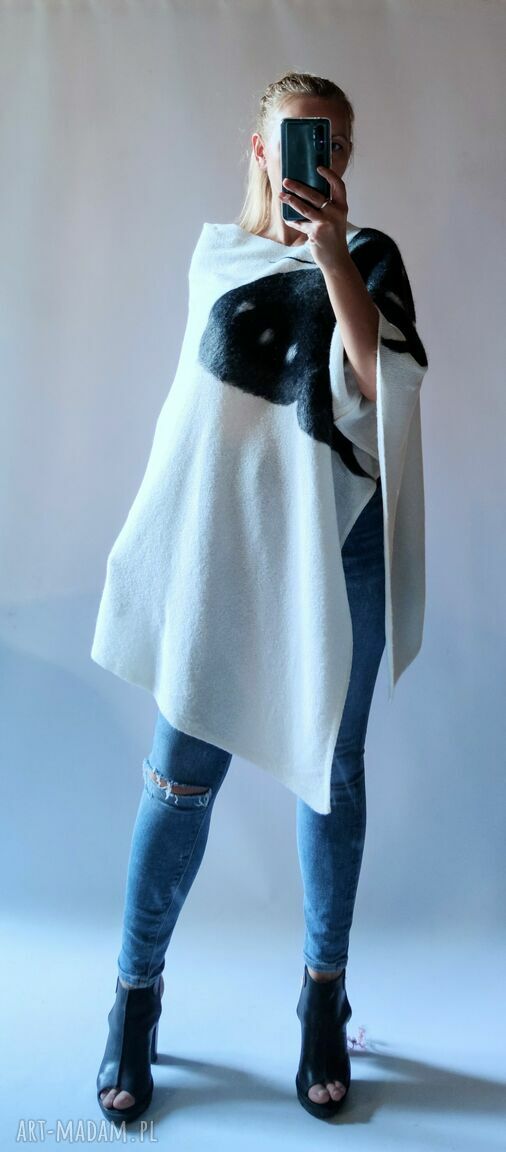 Ponczo wełną zdobione filcowane - ecru poncho handmade