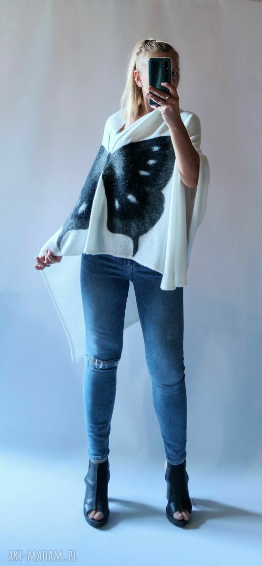 Ponczo wełną zdobione filcowane - ecru poncho handmade
